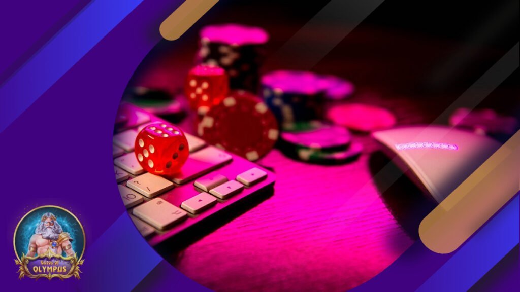 Тable with game pieces and dice next to a keyboard and mouse. Game chips for betting in gambling