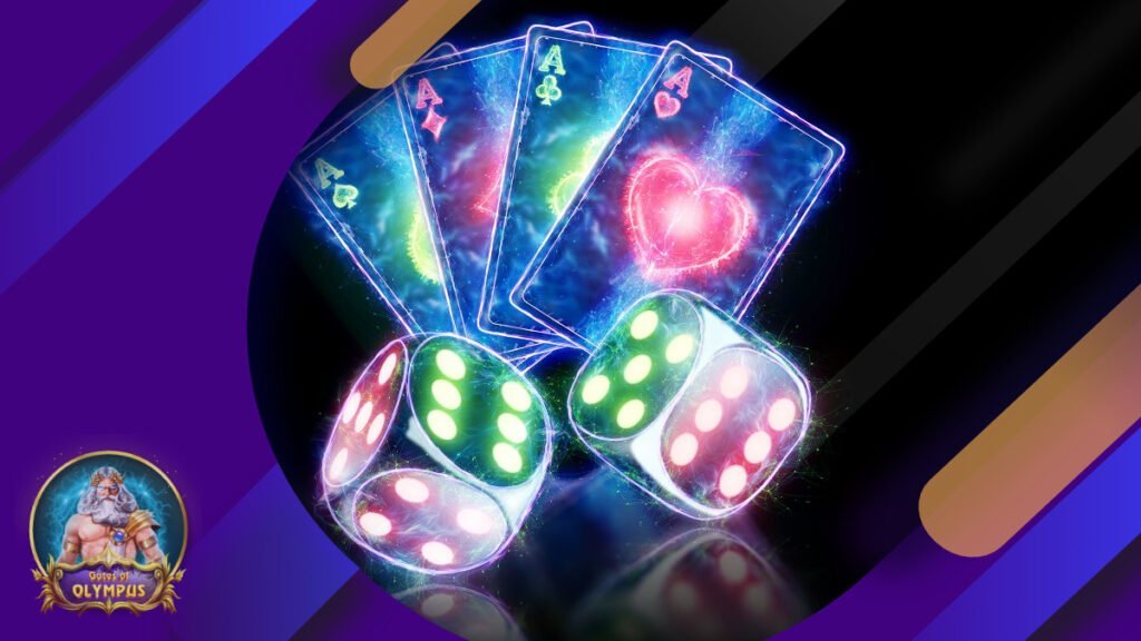 Neon playing cards and dice design on dark background. Gates of Olympus logo at the bottom.