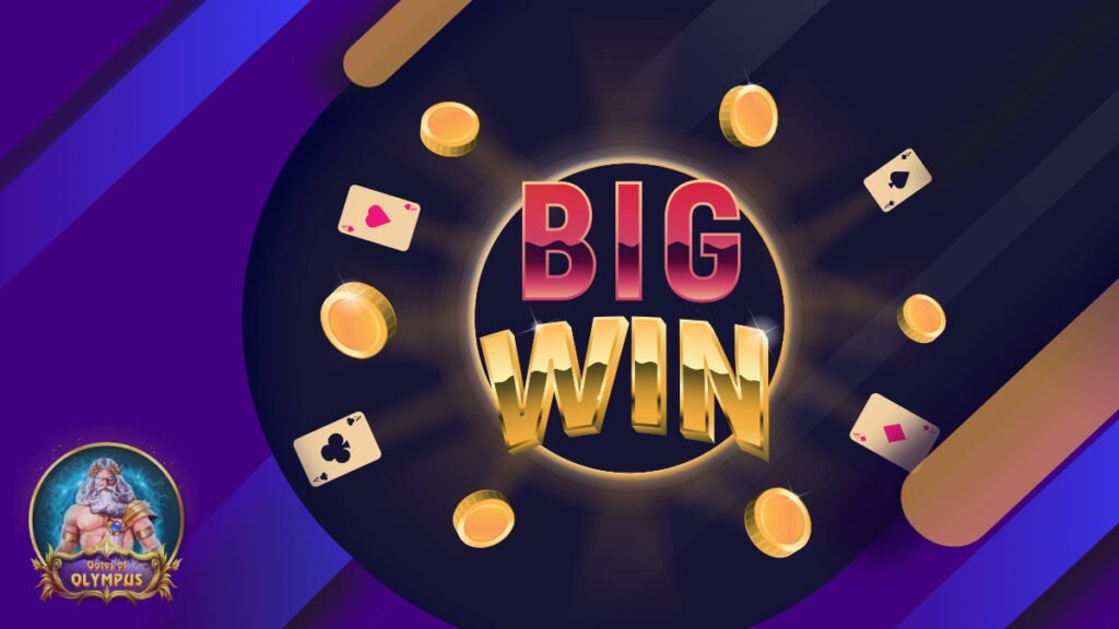 Big Win casino sign on a dark blue background with coins and aces playing cards.