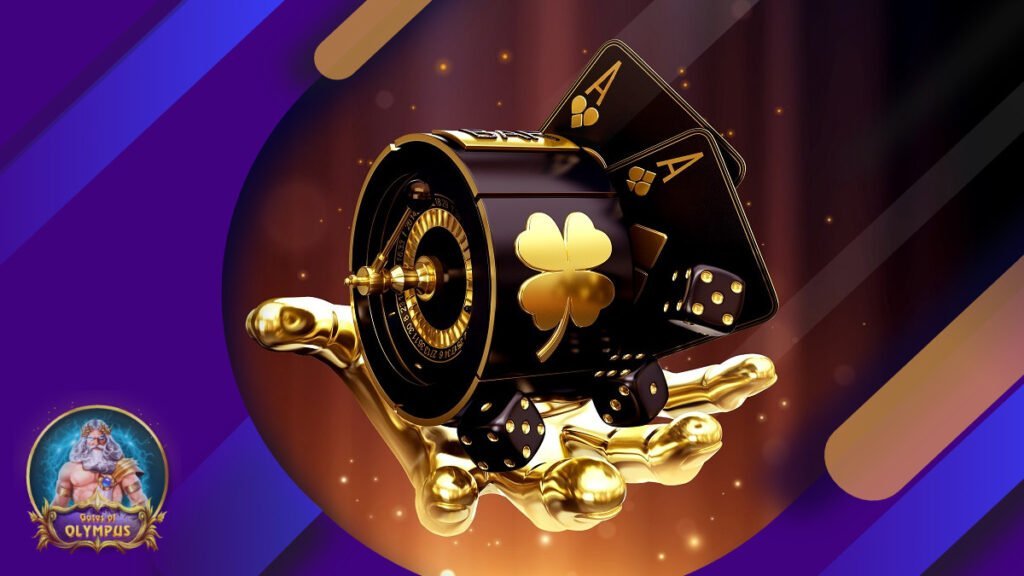 Casino hand slot machine grabbing roulette and set of cards with the theme of gates of olympus