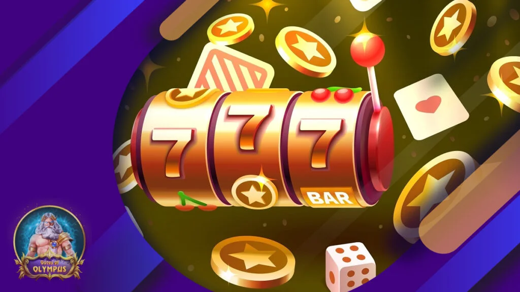 Slots 777-Banner, goldene Münzen Jackpot, Casino 3d Abdeckung mit Toren von Olympus Farben auf dem Hintergrund.